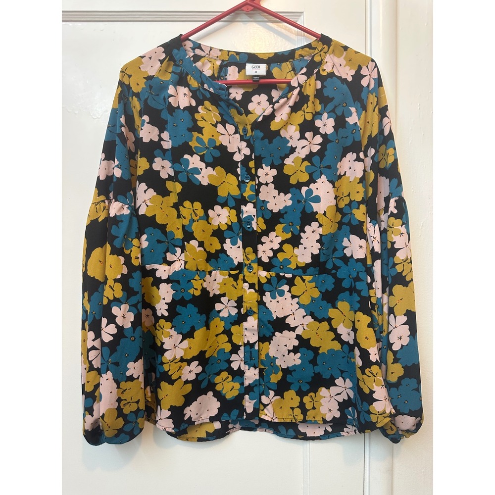 Cabi Ditsy Floral‎ Button Front Blouse 4158 Mustard Teal Pink Balloon Sleeve M